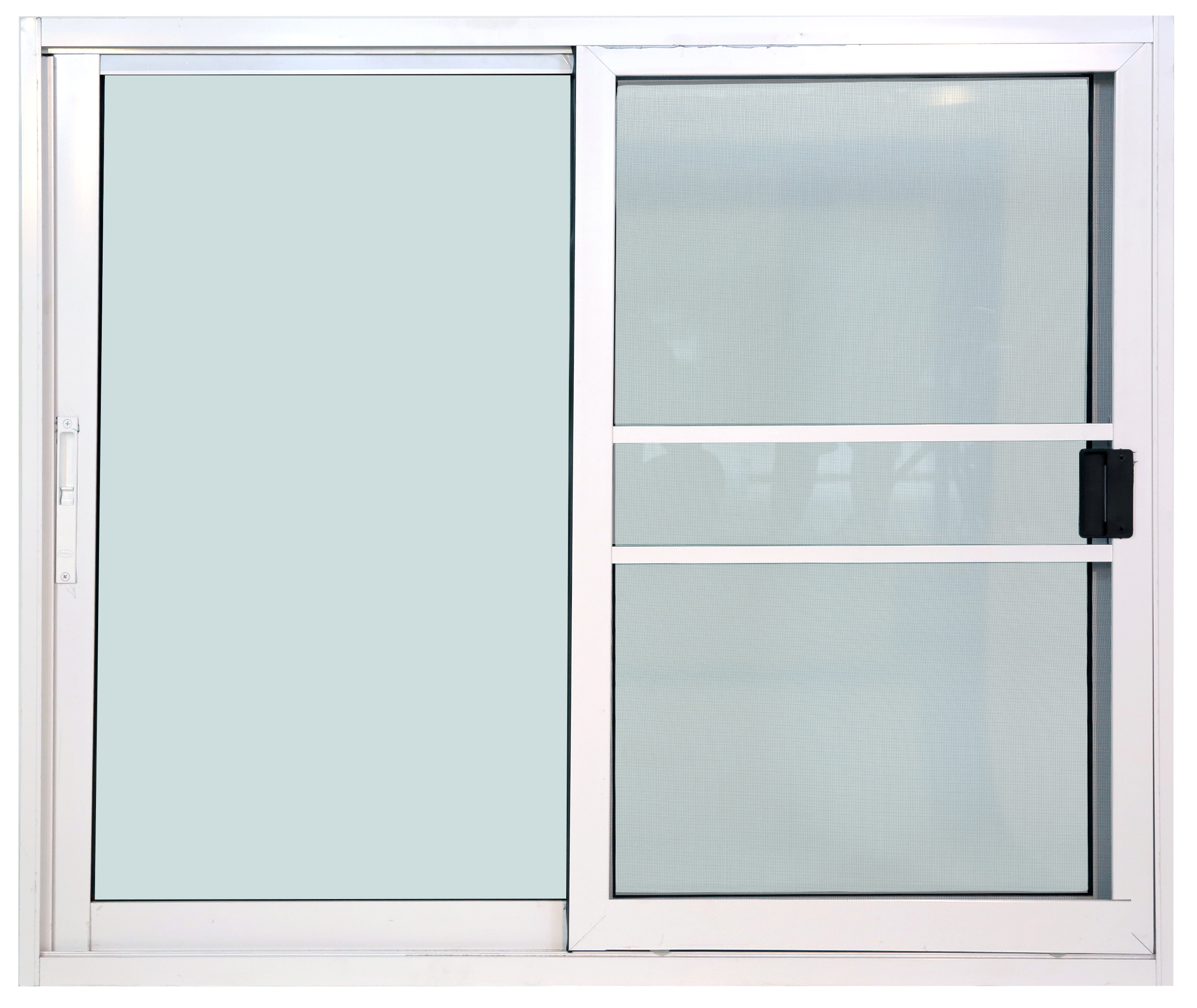 หน้าต่างบานเลื่อน 2ช่อง อลูมิเนียมสีอบขาว+กระจกใสเขียว+มุ้ง 122ซม.*105ซม.